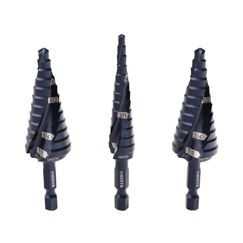 Step Drill Bit Set, Quick-Release, Double Fluted, 1/4" Hex Shank, 3-Piece